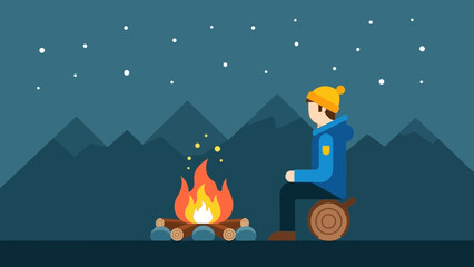 A lone person sits by a crackling campfire under a starry night sky with silhouetted mountains in the background, enjoying the warmth and tranquility of the outdoors