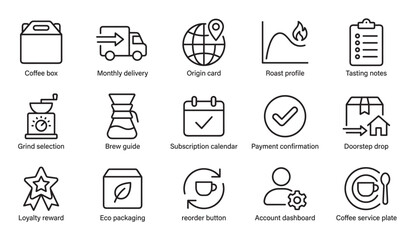 Set of thin line coffee subscription icons showing the entire process from origin and roast profile to monthly delivery, payment confirmation, and loyalty rewards