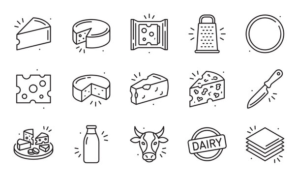 Collection of black line art icons representing various cheese types and dairy products in a minimalist style, including a cow, milk bottle, grater, and knife for food concepts