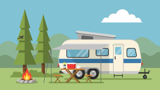 Outdoor adventure travel scene with a vintage camper trailer parked by a warm campfire under a clear sky, offering a peaceful escape into nature's embrace