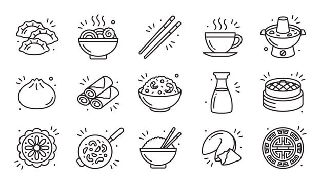 Set of Asian food line icons featuring dumplings, noodles, rice, hot pot, and dim sum in a minimalist black and white vector illustration style for restaurant menus