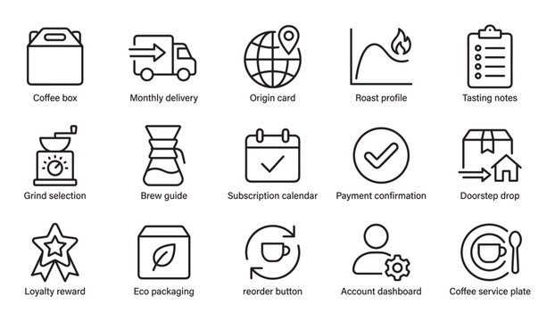 Set of thin line coffee subscription icons showing the entire process from origin and roast profile to monthly delivery, payment confirmation, and loyalty rewards