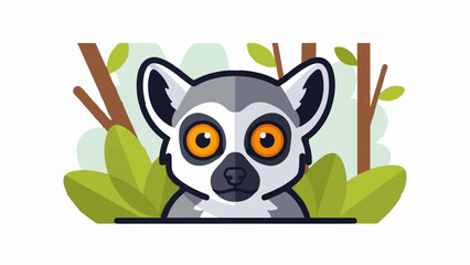 Naklejka premium Adorable cartoon ring-tailed lemur peeking from behind lush green foliage and trees