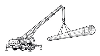 Heavy duty truck mounted crane lifting a large industrial pipeline with slings and hook for construction site operations or infrastructure development projects