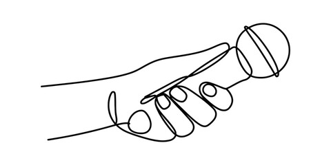 Obraz premium A continuous line drawing of a hand holding a microphone, symbolizing communication and performance