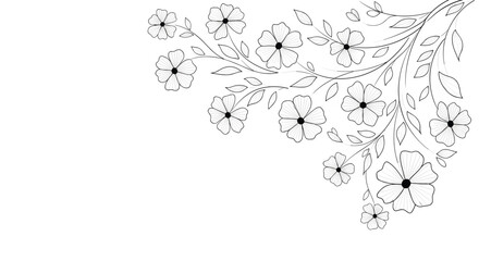 Obraz premium Delicate branch with hand drawn flowers and leaves grows from the upper right corner onto a clean white background.