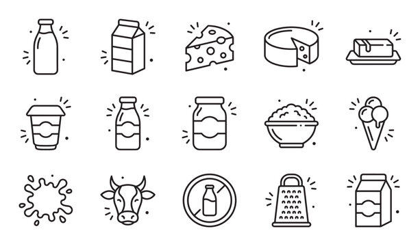 Collection of dairy product line icons showing milk, cheese, butter, yogurt, and ice cream in a simple black and white minimalist style for food and nutrition concepts