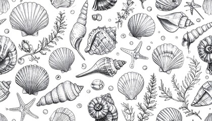 Detailed Seashell Pattern - A Monochrome Ocean Collection.
