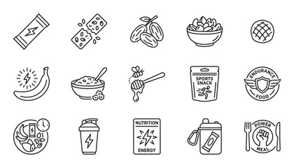 Set of sports nutrition line icons featuring energy food, healthy snacks, power meals, and drinks for athletic performance, endurance, and a balanced diet
