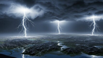 Multiple powerful lightning bolts strike a dark, stormy landscape under heavy, ominous clouds, creating a dramatic and intense weather scene.