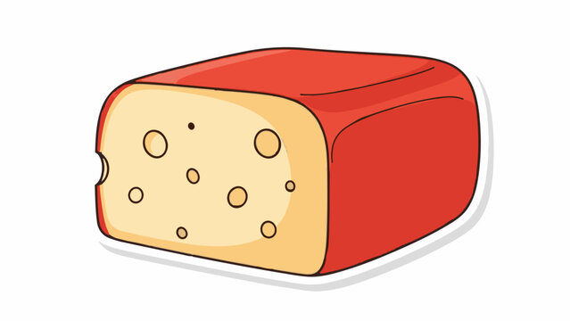 A cartoonish block of cheese with a red rind and a bite mark