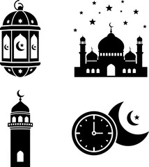Islamic Ramadan Time and Celebration Icon Set - Mosque Silhouette with Clock, Moon, and Lantern Vector