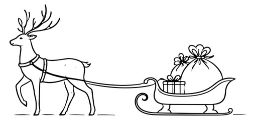 Hand drawn line art illustration of a reindeer and sleigh depicting holiday gift delivery for Christmas