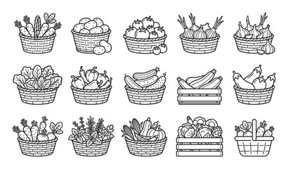 Black and white line art icons of fresh vegetables and fruits in wicker baskets and crates, a collection of farm produce including carrots, potatoes, and tomatoes for market