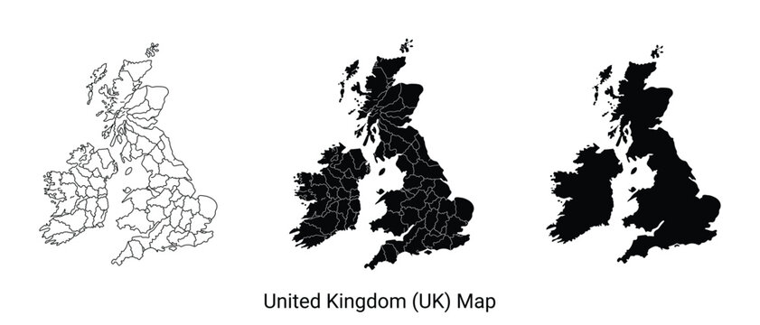 Three styles of united kingdom uk map outline graphics