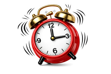 Red classic twin bell alarm clock ringing with motion lines on white background for morning wake up time concept