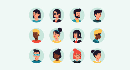 Fototapeta premium Diverse collection of twelve people avatars features men and women of different ethnicities in colorful circular frames.