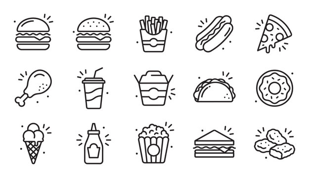 Collection of black line fast food icons featuring a hamburger, pizza, hot dog, fries, and soda, drawn in a simple minimalist vector style for menu or graphic design