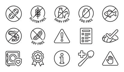 Fototapeta premium Collection of black line art icons representing food allergens, dietary restrictions, and product information symbols for packaging and labeling in a clean, minimalist vector style