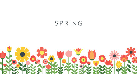 Vibrant row of colorful flat style flowers in shades of red and yellow grows below the word spring on white background.