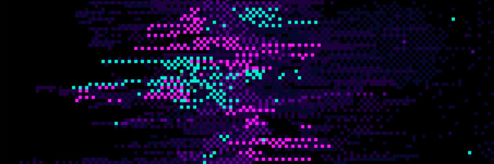 Pixel glitch effect on black background. Vector realistic illustration of abstract noise texture on computer display, damaged tv screen, matrix error, vhs rewind pattern, bad signal, old technology
