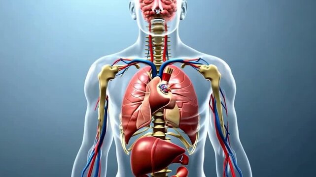 3D medical animation showing detailed human internal organs anatomy including lungs, heart, liver, stomach, and digestive system. Suitable for medical education, healthcare presentations, biology stud