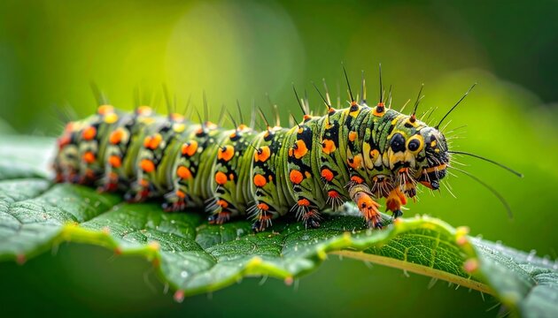 Macro close-up of a hairy yellow and black cinnabar moth larva eating a green leaf in summer wildlife nature