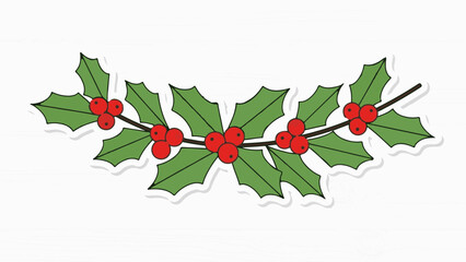 Naklejka premium A curved sprig of green holly leaves with clusters of bright red berries