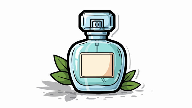 A stylized illustration of a light blue perfume bottle with a blank label, adorned with green leaves