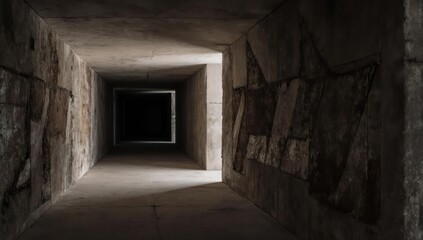Long, dimly lit concrete hallway with an opening at the end
