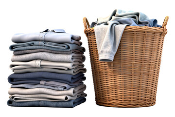 Stacked Folded Clothing and Wicker Laundry Basket