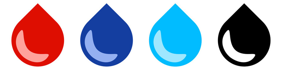 Water drop icon set. Water, blood and oil drop sign. Isolated on transparent background.