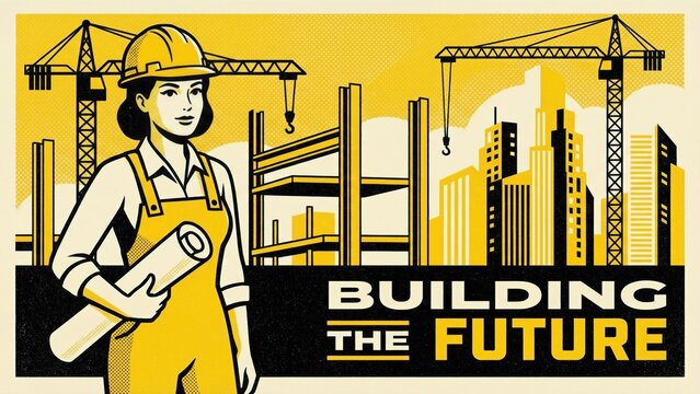 Woman architect wearing hardhat holding blueprint on urban construction site with cranes, building the future concept for International Womens Day. - Powered by Adobe