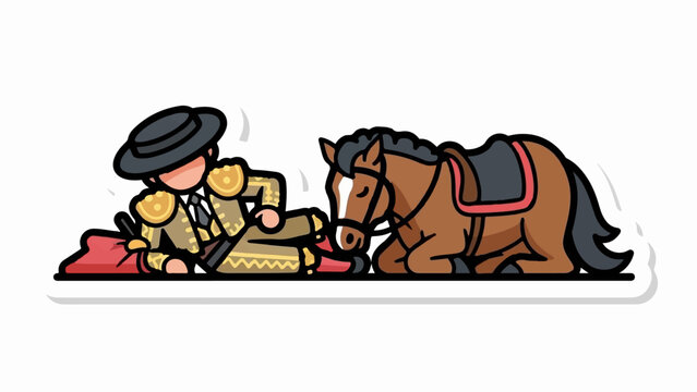 A matador in a golden suit rests beside a brown horse, both lying down