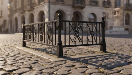 Ornate iron fence on cobblestone in a European square, sunny