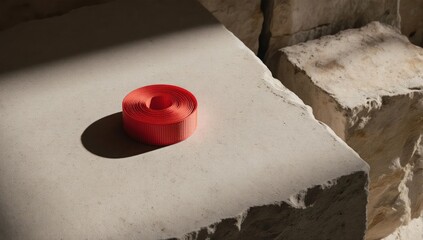 Red coil atop a concrete block, shadowed, with other stone formations