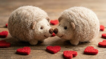 Two handmade felted hedgehog toy touching noses with red heart decorations. Cute animal couple for Valentine?s Day and romantic concept.