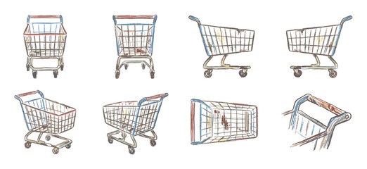 Naklejka premium Set of eight hand-drawn shopping cart illustrations showing various perspectives including front, side, and top views in a colorful, sketchy, artistic watercolor style