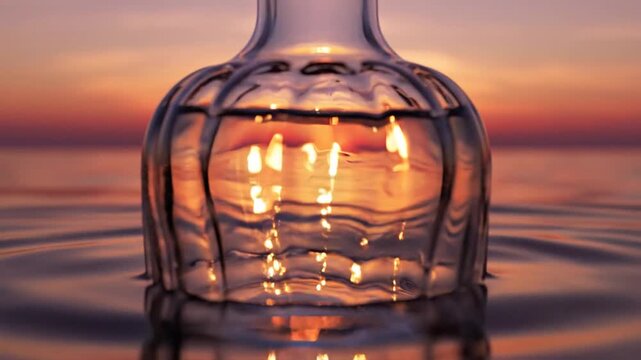3D Render of Glass Bottle with Sunset Reflection on Water 4K 10s