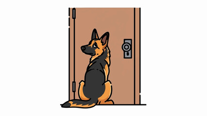 Obraz premium A German Shepherd sits patiently by a closed wooden door, looking expectantly to the side
