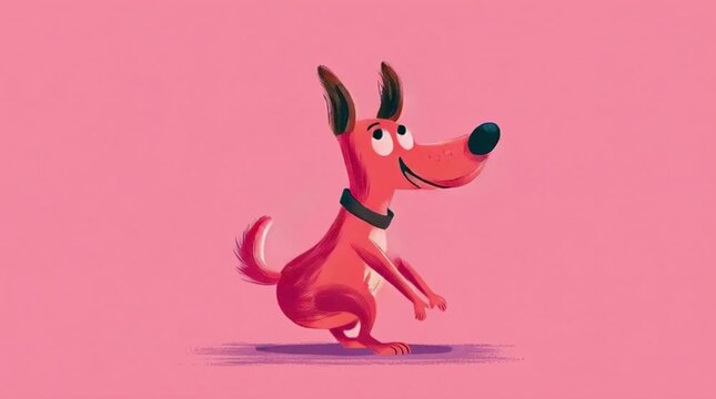 Cartoon dog performing a joyful dance on a pink background