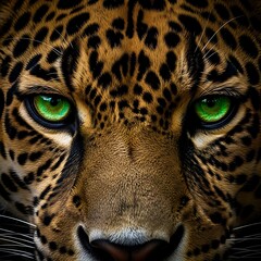 Intense close up portrait captures the piercing green eyes of a spotted feline predator