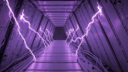 Purple lightning arcs through a metallic futuristic corridor