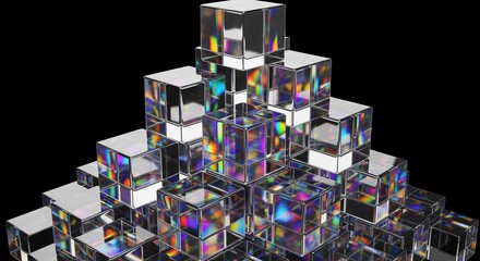 Abstract pyramid of reflective geometric cubes with rainbow light reflections on black background