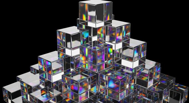 Abstract pyramid of reflective geometric cubes with rainbow light reflections on black background - Powered by Adobe