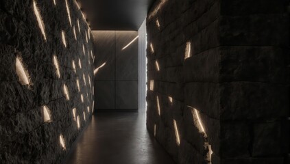 Narrow illuminated hallway with textured stone walls and recessed lighting