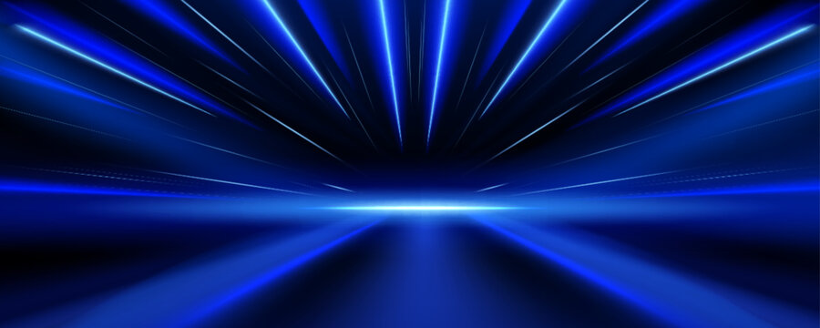 Futuristic tech background with blue light lines on black. Vector realistic illustration of neon laser beams perspective, virtual world effect, star burst on horizon, space game design, data network