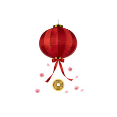 Shiny red and gold Chinese New Year lantern ornaments and festive glass baubles hang as seasonal decorations for a celebratory winter holiday celebration