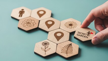 Journey to a secret garden: hand places wooden hexagon tile connecting nature and location