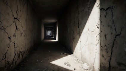 A dim, aged corridor stretches into the distance, with light streaming in